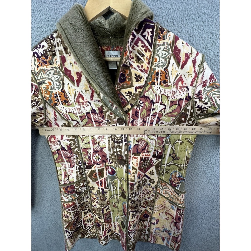 Chico's Vintage Paisley Print Faux Fur Lined Coat Jacket Boho Art To Wear Size 1 - Picture 9 of 11
